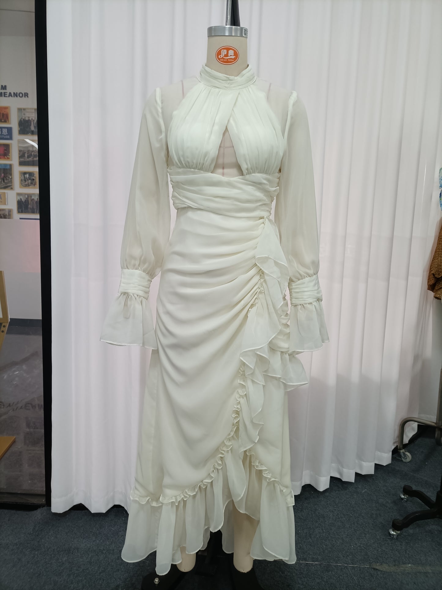 White Cutout Ruffle Chiffon Midi Dress
