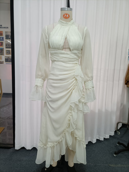 White Cutout Ruffle Chiffon Midi Dress
