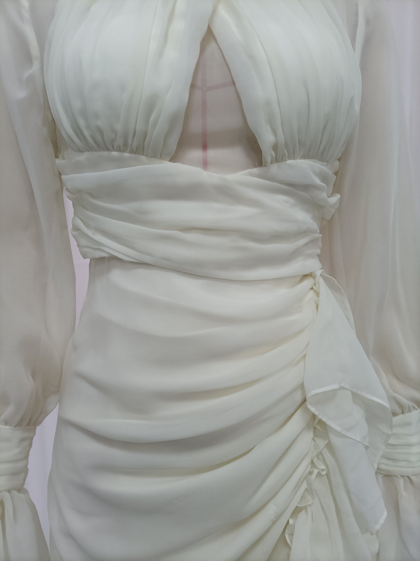White Cutout Ruffle Chiffon Midi Dress