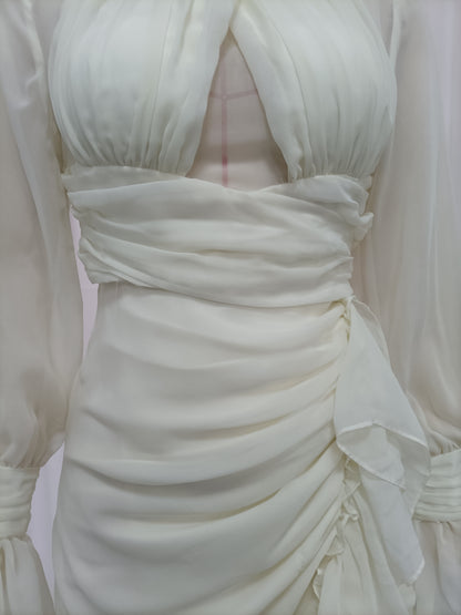 White Cutout Ruffle Chiffon Midi Dress