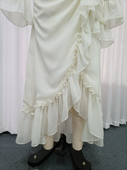 White Cutout Ruffle Chiffon Midi Dress
