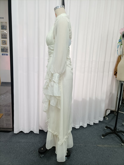 White Cutout Ruffle Chiffon Midi Dress