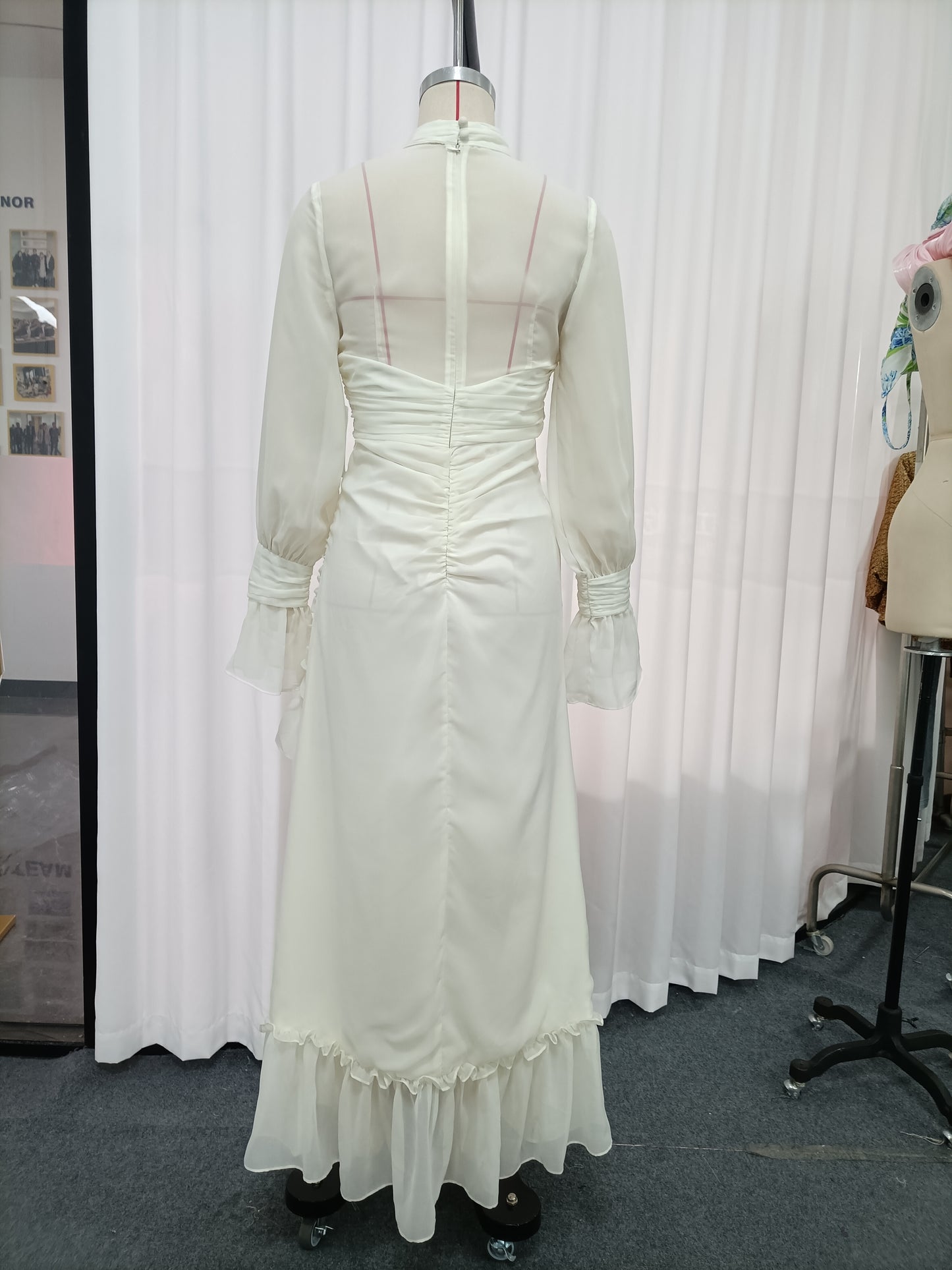 White Cutout Ruffle Chiffon Midi Dress
