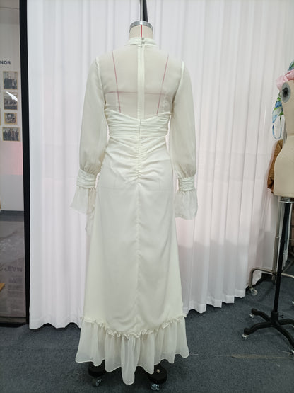White Cutout Ruffle Chiffon Midi Dress