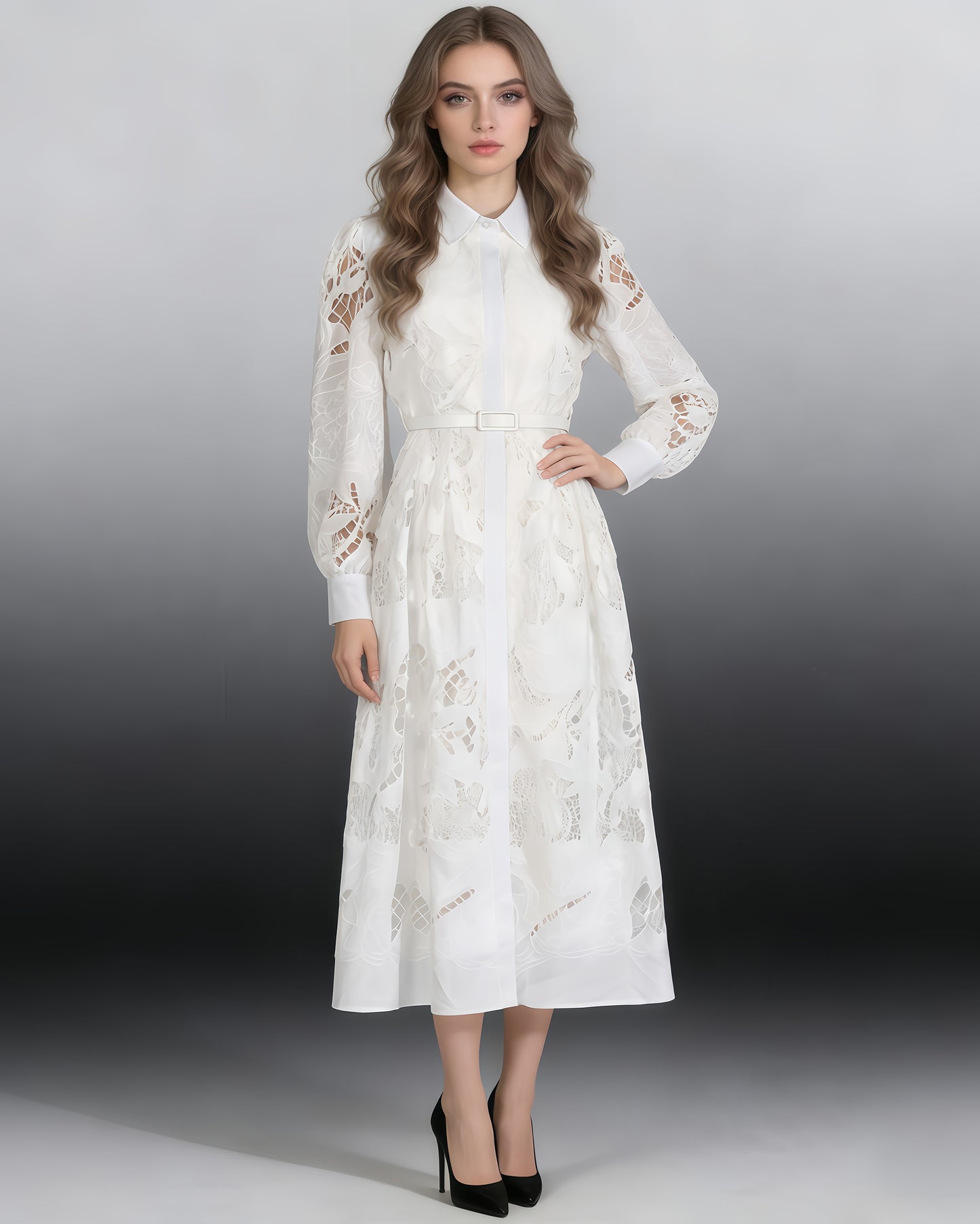 White Cutwork Embroidered Belted Shirt Dress