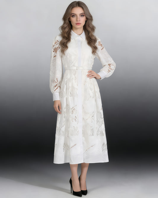 White Cutwork Embroidered Belted Shirt Dress