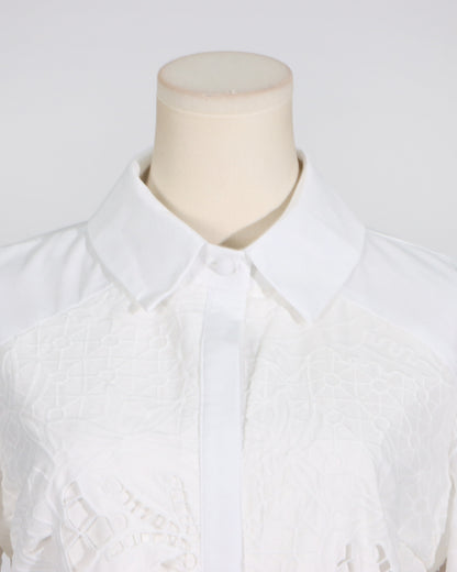 White Cutwork Embroidered Belted Shirt Dress