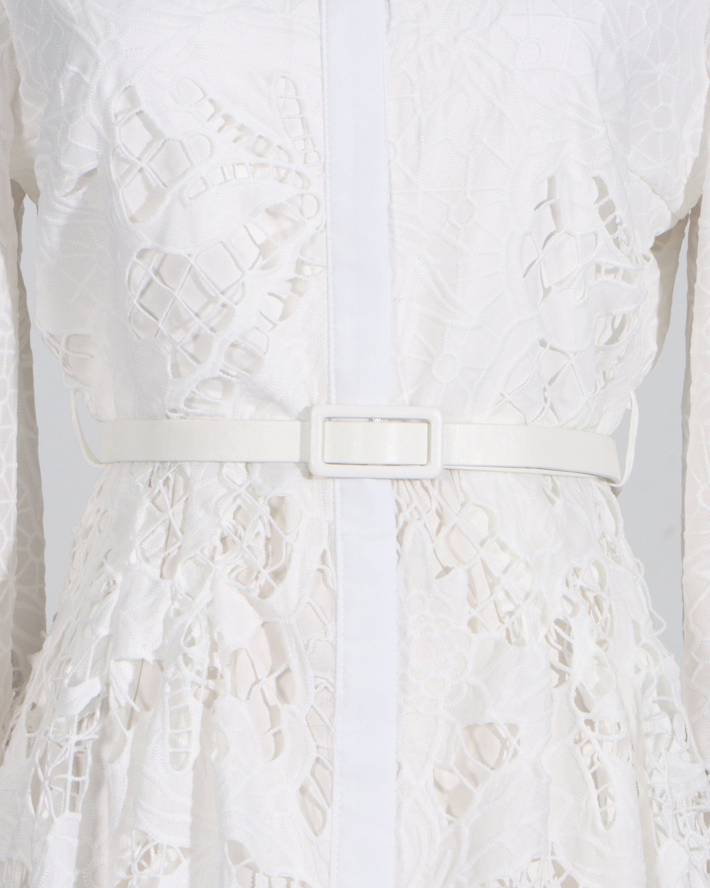 White Cutwork Embroidered Belted Shirt Dress