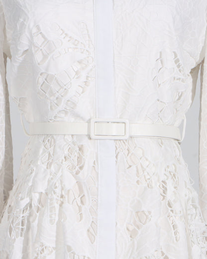 White Cutwork Embroidered Belted Shirt Dress