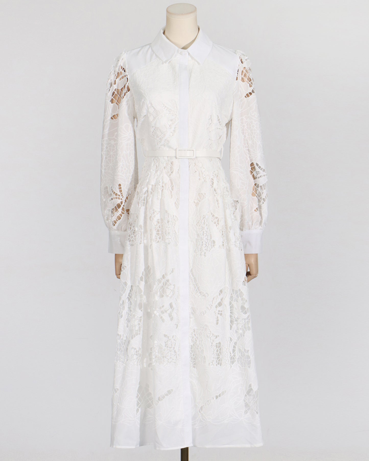 White Cutwork Embroidered Belted Shirt Dress