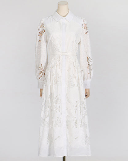White Cutwork Embroidered Belted Shirt Dress