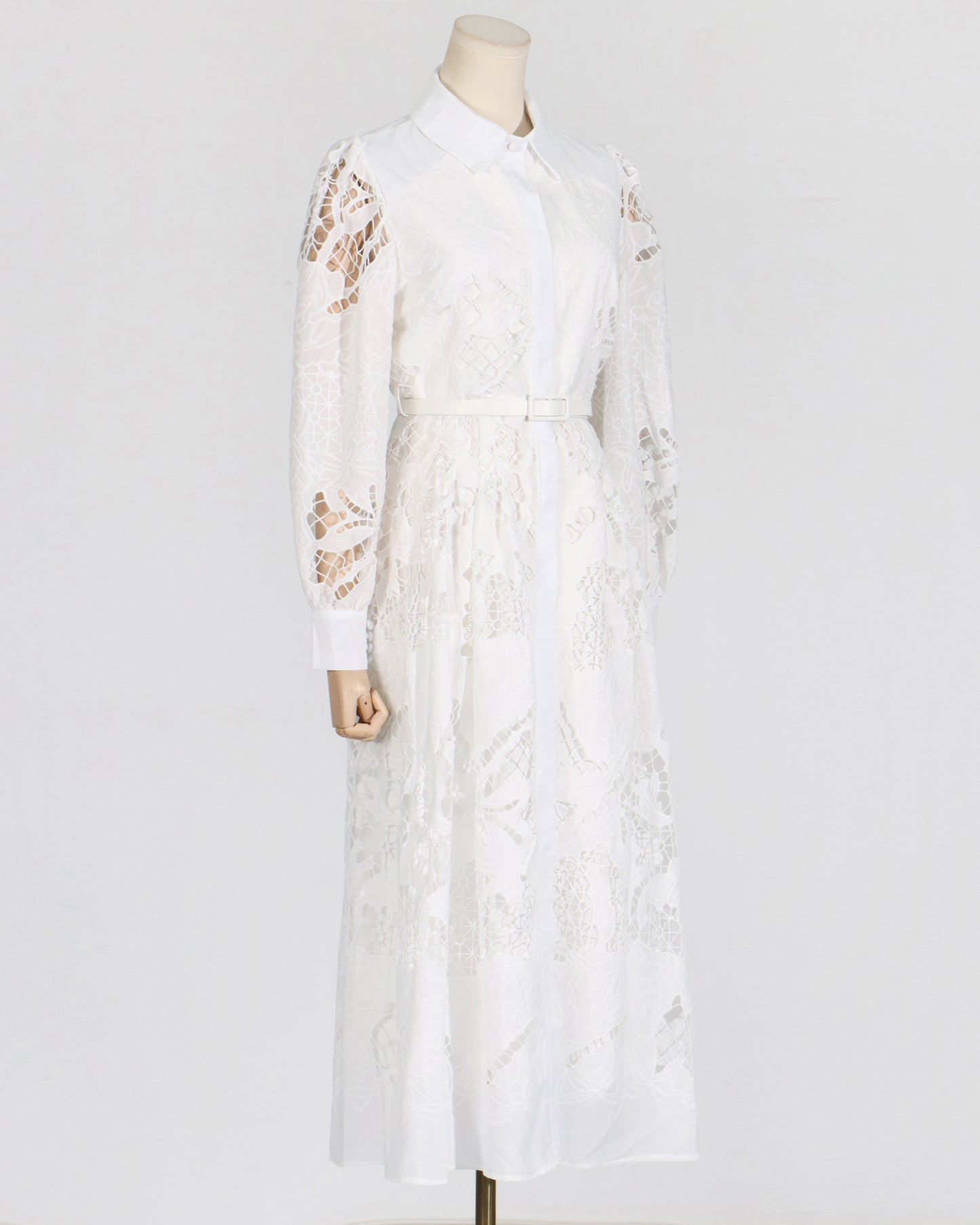 White Cutwork Embroidered Belted Shirt Dress