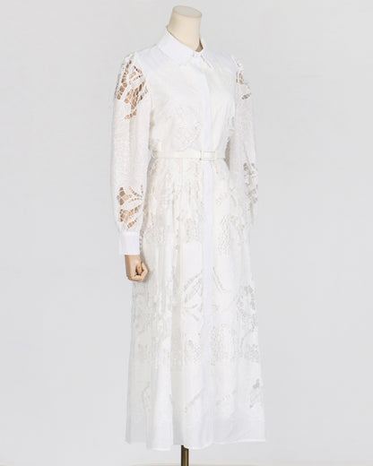 White Cutwork Embroidered Belted Shirt Dress