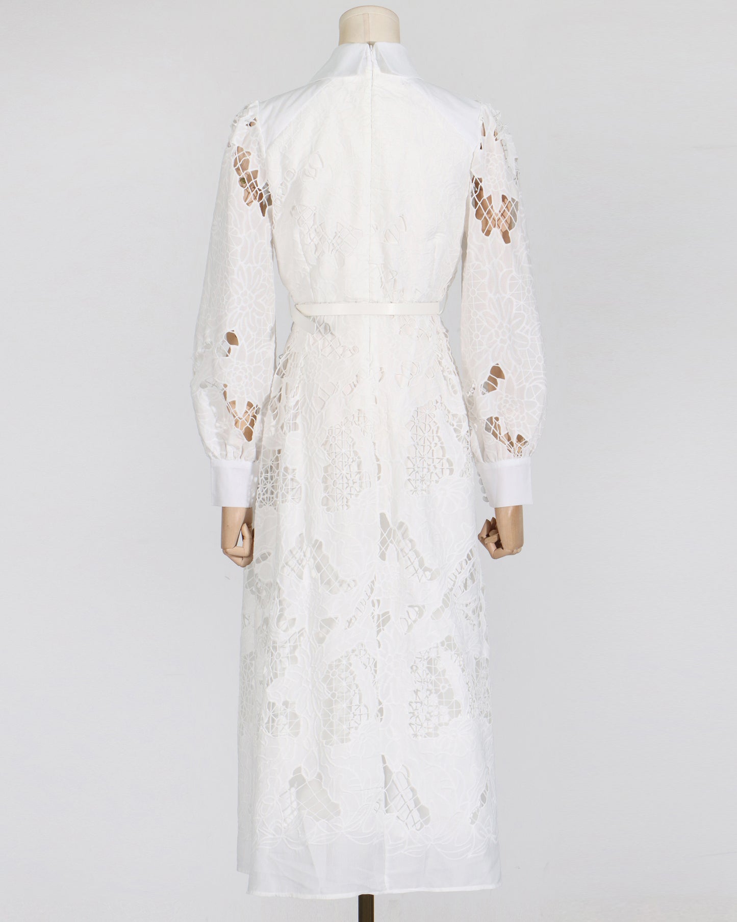 White Cutwork Embroidered Belted Shirt Dress