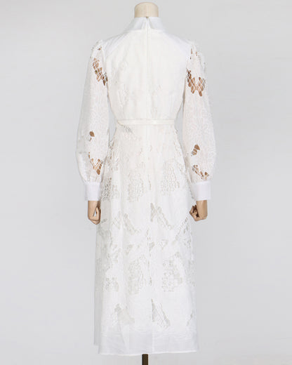 White Cutwork Embroidered Belted Shirt Dress