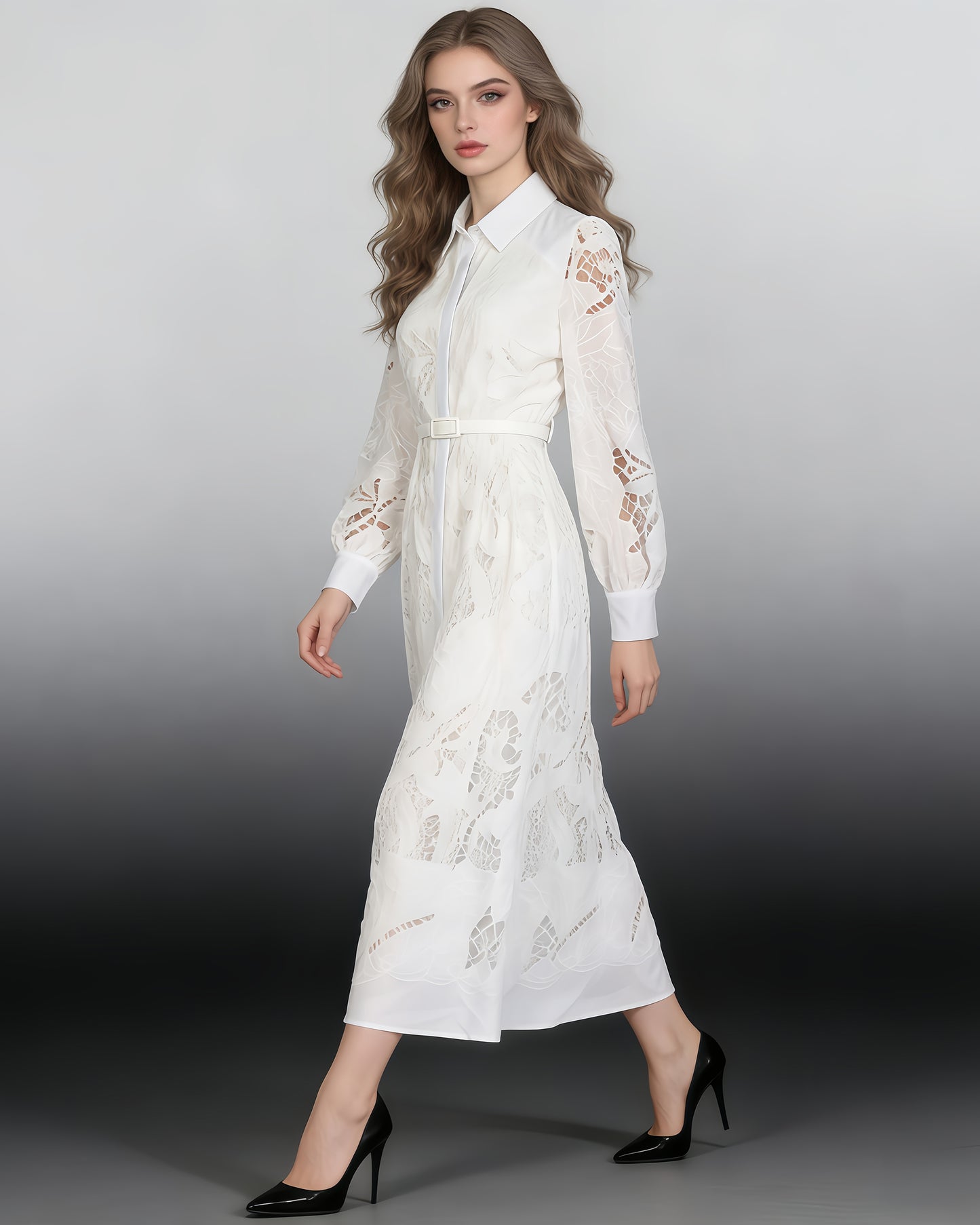 White Cutwork Embroidered Belted Shirt Dress