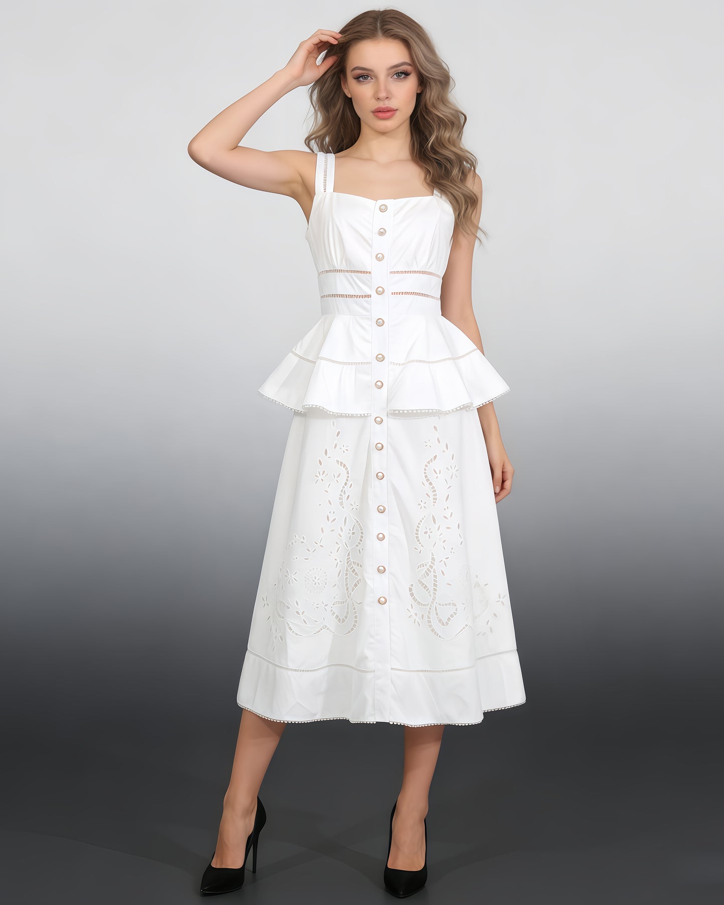 White Cutwork Embroidery Ruffle Strap Dress