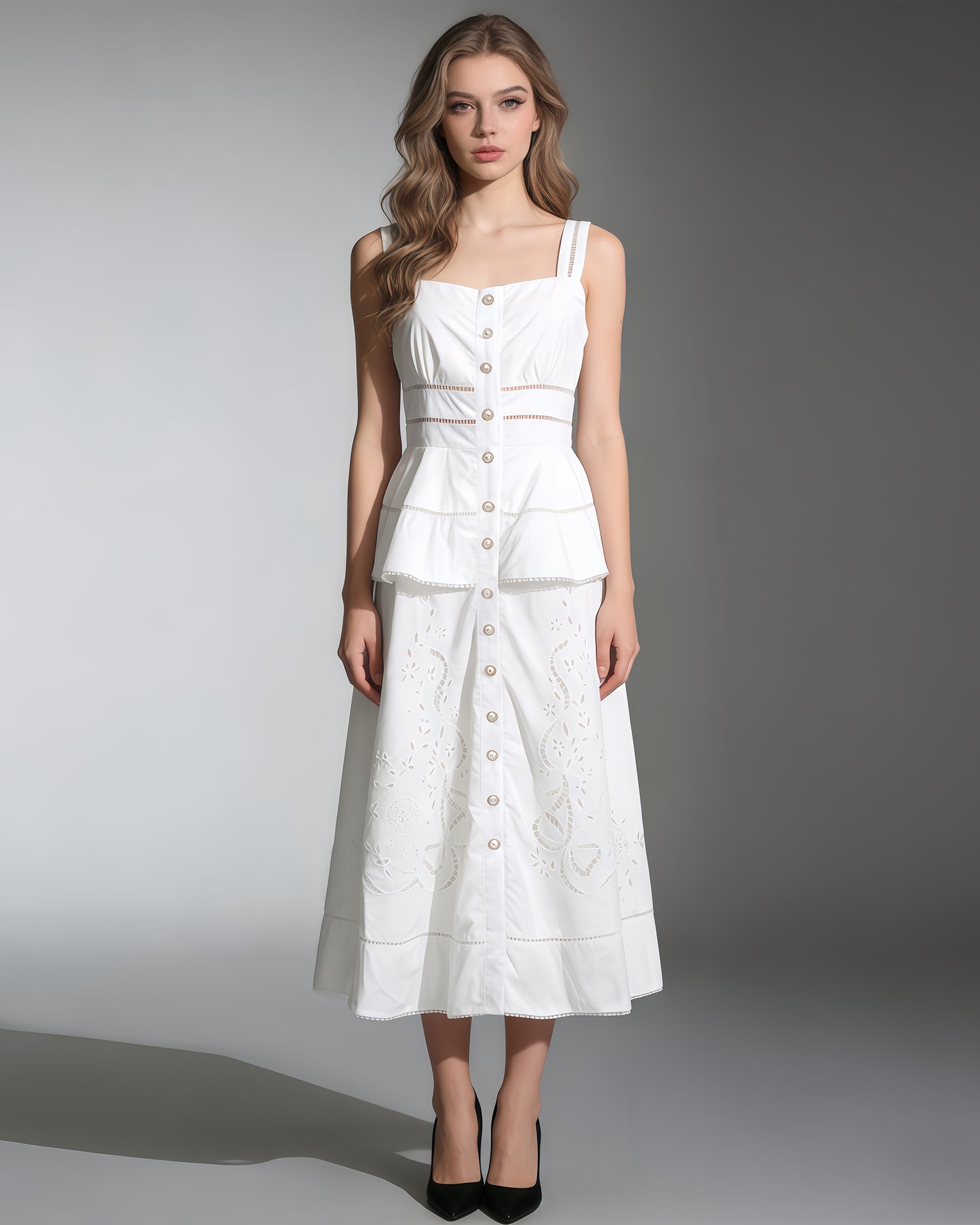 White Cutwork Embroidery Ruffle Strap Dress