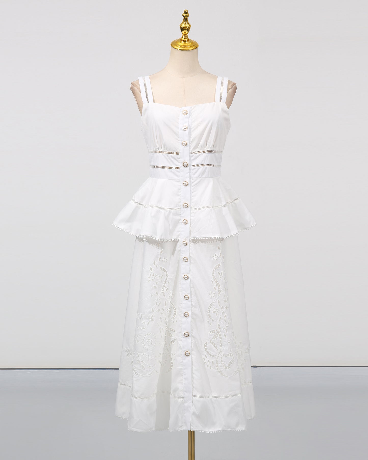 White Cutwork Embroidery Ruffle Strap Dress