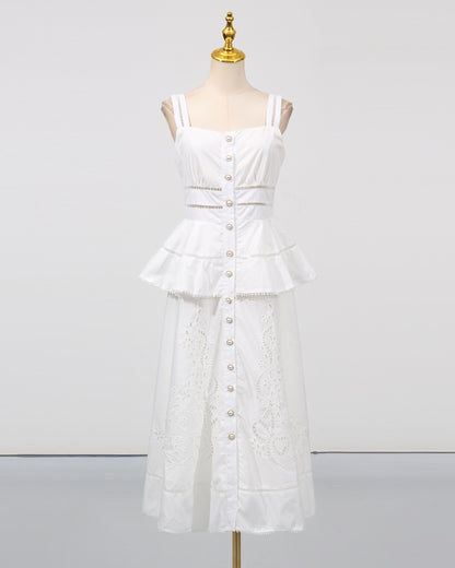 White Cutwork Embroidery Ruffle Strap Dress
