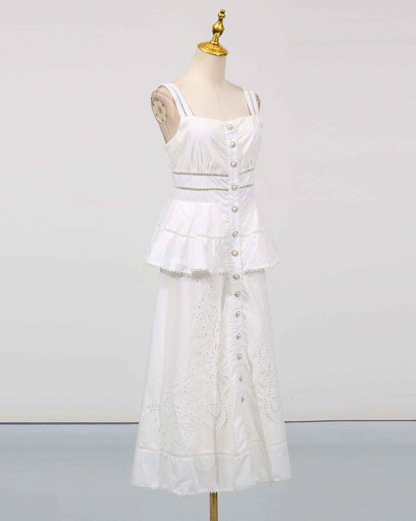 White Cutwork Embroidery Ruffle Strap Dress