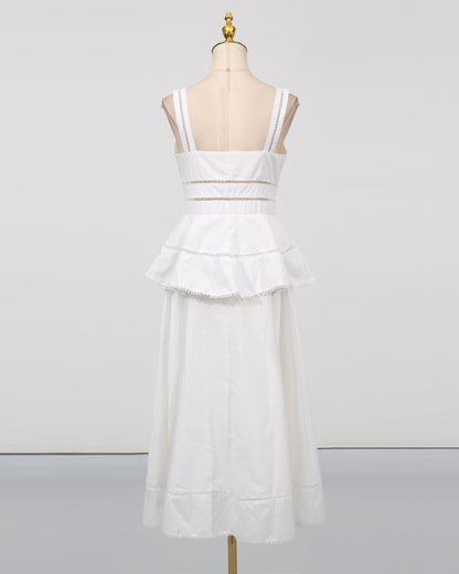 White Cutwork Embroidery Ruffle Strap Dress