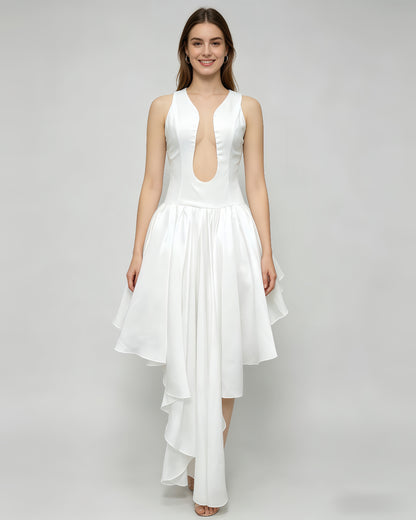 White Deep Cutout Asymmetric Hem Midi Dress