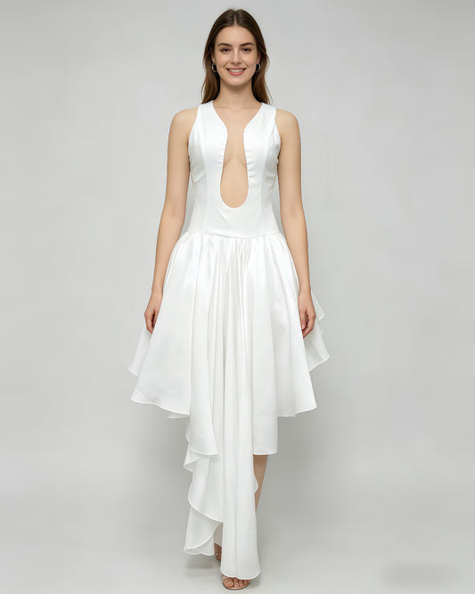 White Deep Cutout Asymmetric Hem Midi Dress