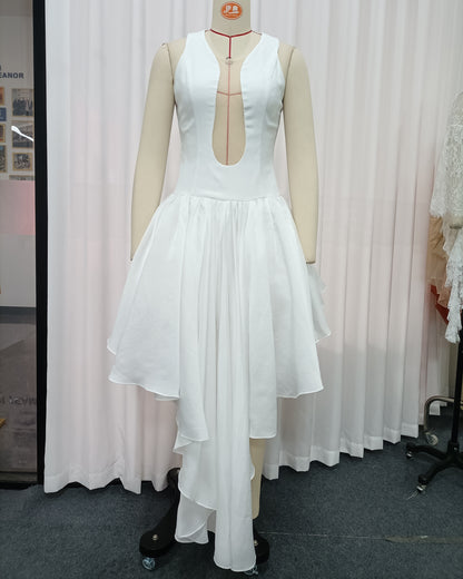 White Deep Cutout Asymmetric Hem Midi Dress