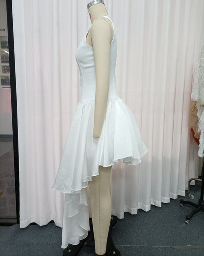 White Deep Cutout Asymmetric Hem Midi Dress