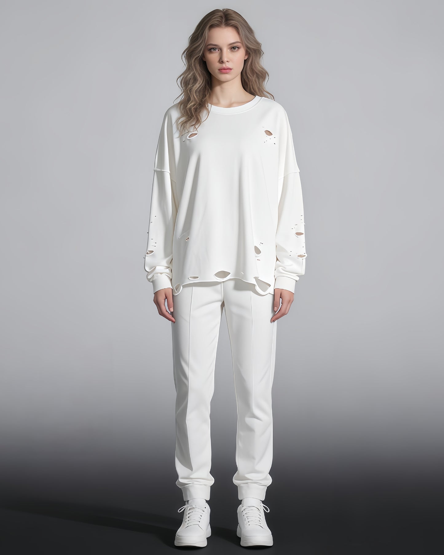 White Distressed Oversized Crewneck Sweatshirt