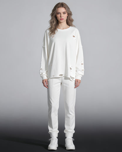 White Distressed Oversized Crewneck Sweatshirt