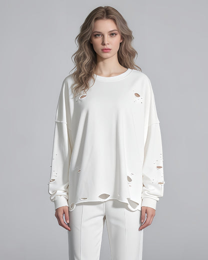 White Distressed Oversized Crewneck Sweatshirt