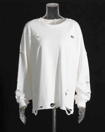 White Distressed Oversized Crewneck Sweatshirt