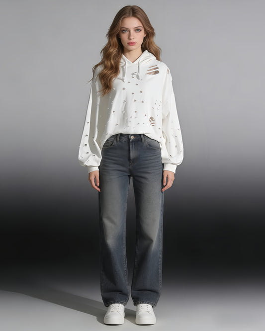 White Distressed Oversized Hoodie