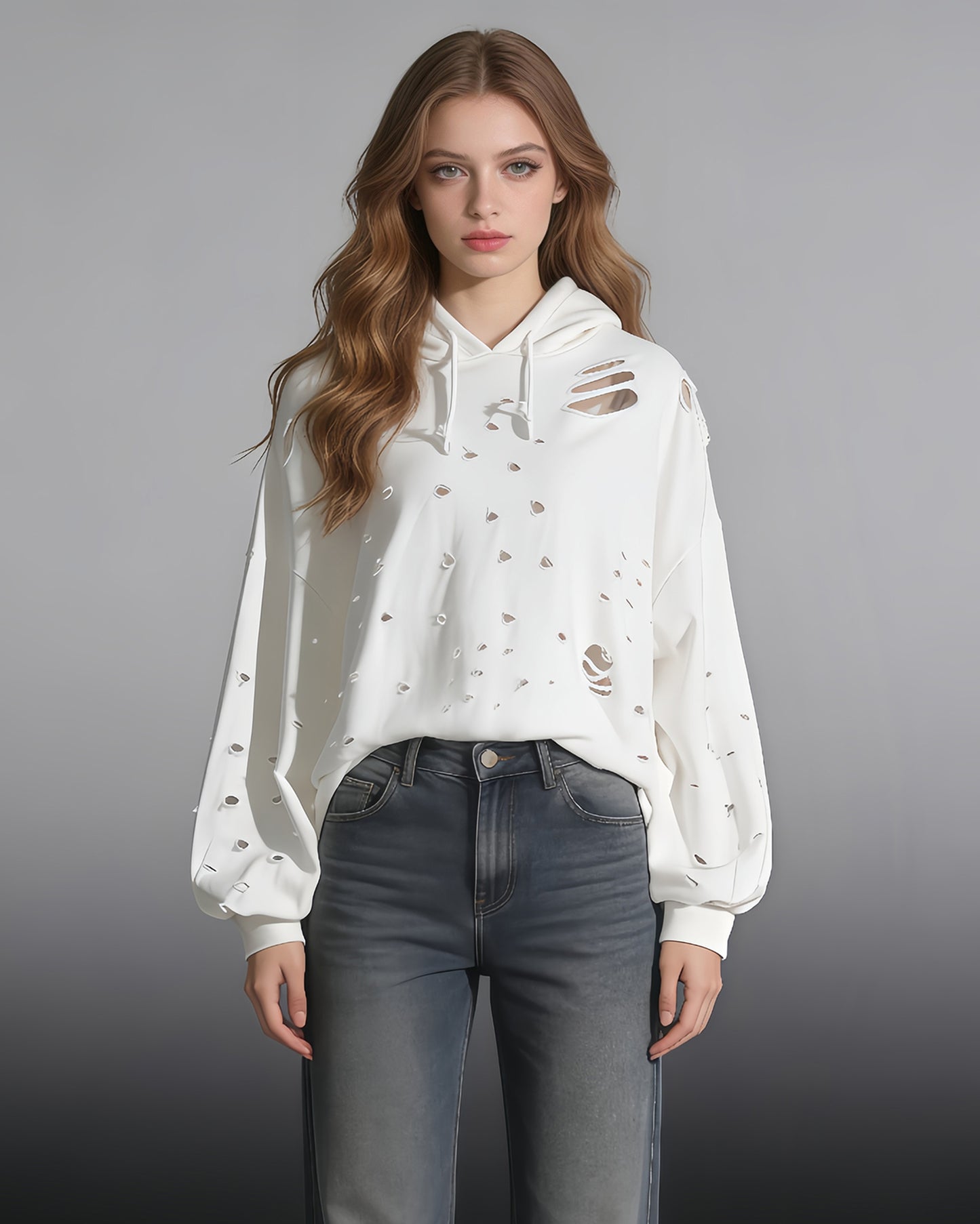 White Distressed Oversized Hoodie