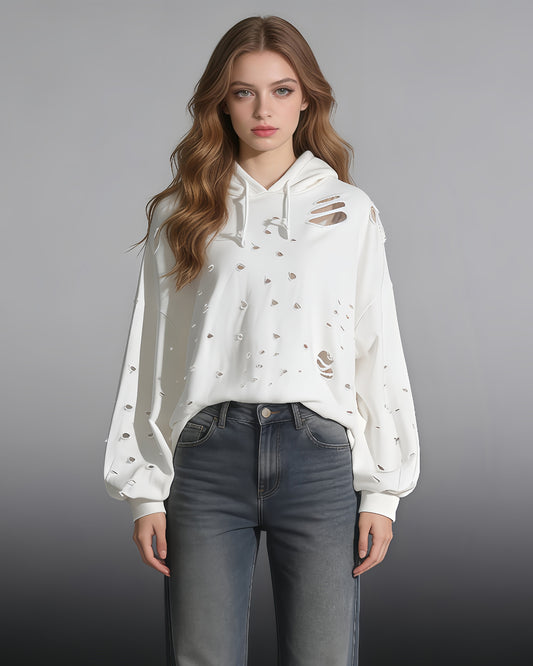 White Distressed Oversized Hoodie