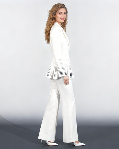 White Double-Breasted Blazer with Black Crystal Dots