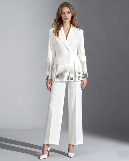 White Double-Breasted Blazer with Black Crystal Dots