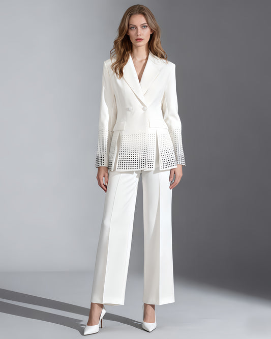 White Double-Breasted Blazer with Black Crystal Dots