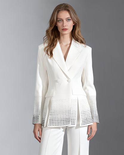 White Double-Breasted Blazer with Black Crystal Dots