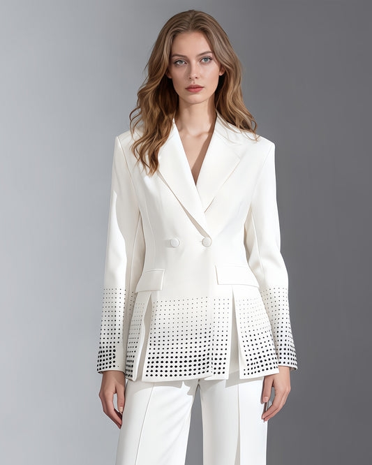 White Double-Breasted Blazer with Black Crystal Dots