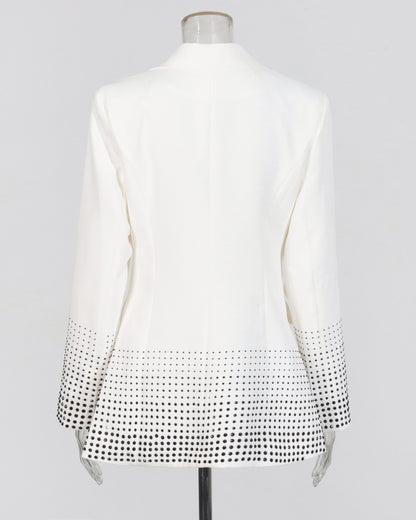 White Double-Breasted Blazer with Black Crystal Dots