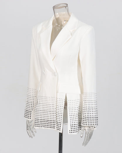 White Double-Breasted Blazer with Black Crystal Dots
