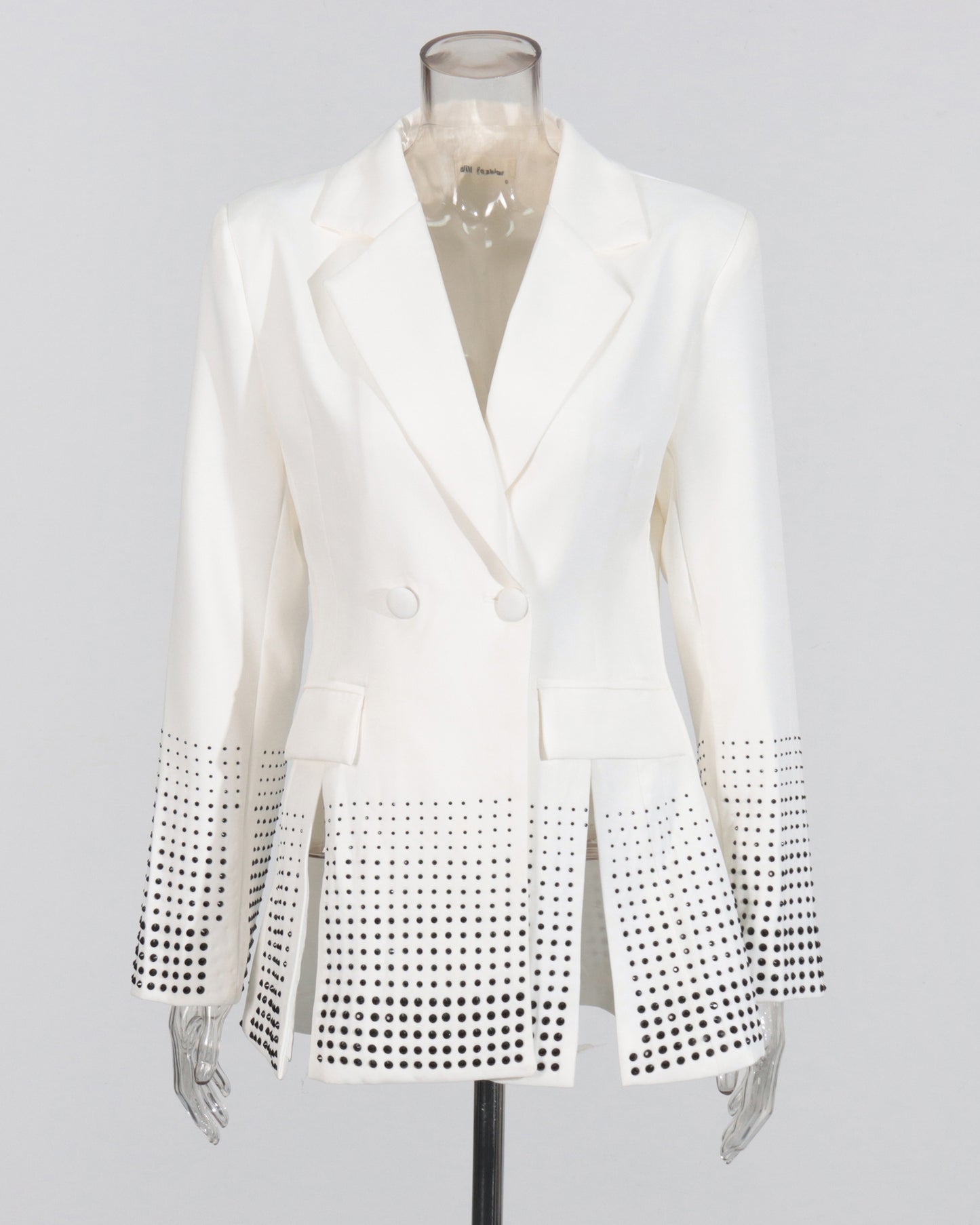White Double-Breasted Blazer with Black Crystal Dots