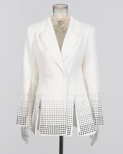 White Double-Breasted Blazer with Black Crystal Dots