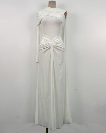 White Draped Asymmetric Cape-Sleeve Evening Gown