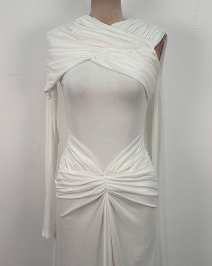 White Draped Asymmetric Cape-Sleeve Evening Gown