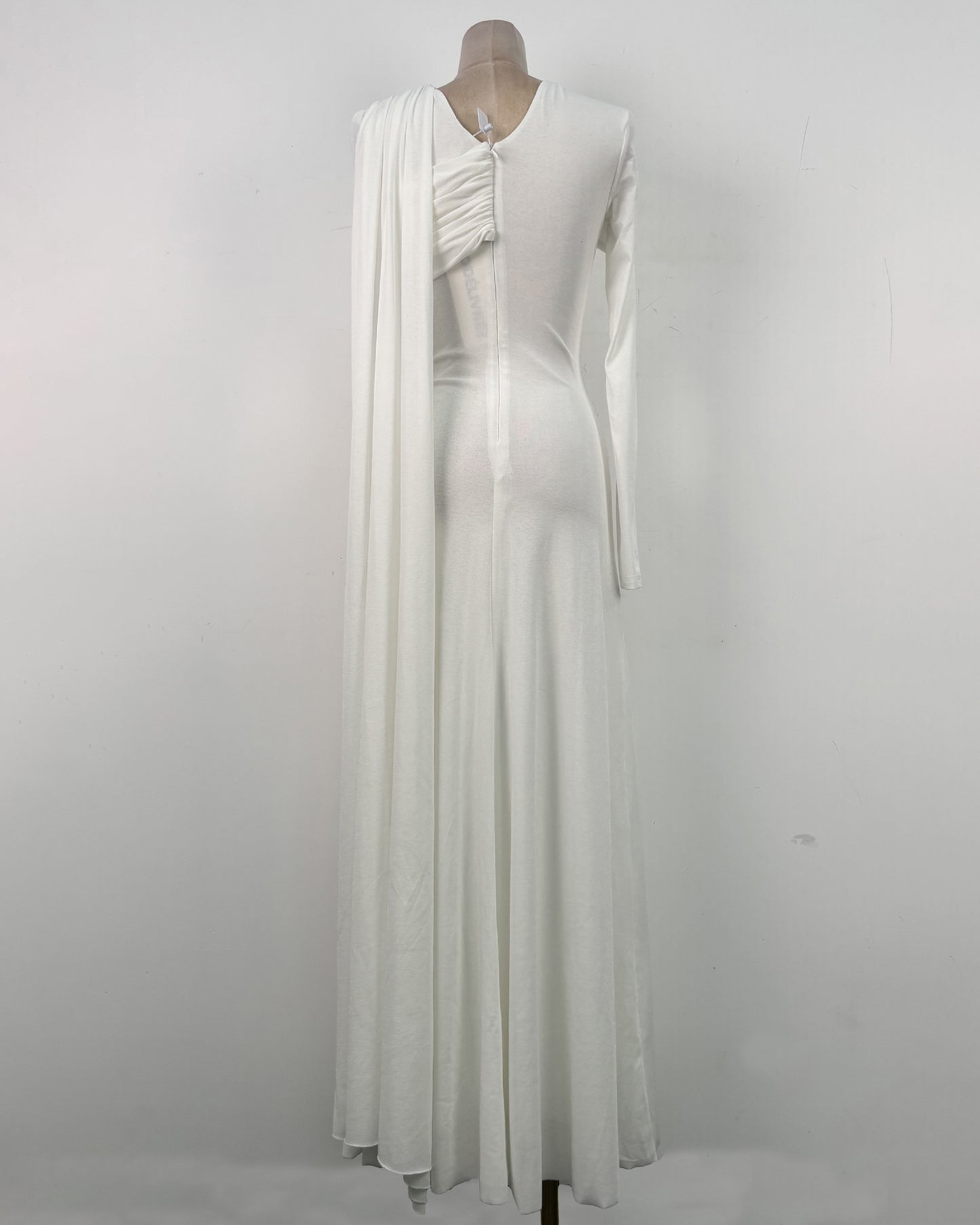 White Draped Asymmetric Cape-Sleeve Evening Gown
