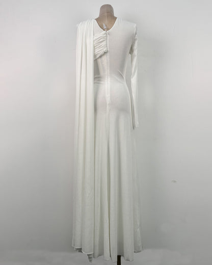 White Draped Asymmetric Cape-Sleeve Evening Gown